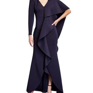 Badgley Mischka Collection Vneck long sleeve Assymetric Ruffle Cape Formal Gown.